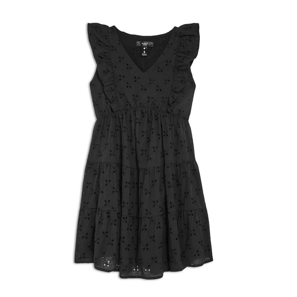Aqua Girls' Eyelet Flutter Sleeve Dress Black Size S 2988
